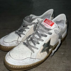GOLDEN GOOSE | BALL STAR DISTRESSED METALLIC LEATHER AND CANVAS SNEAKER